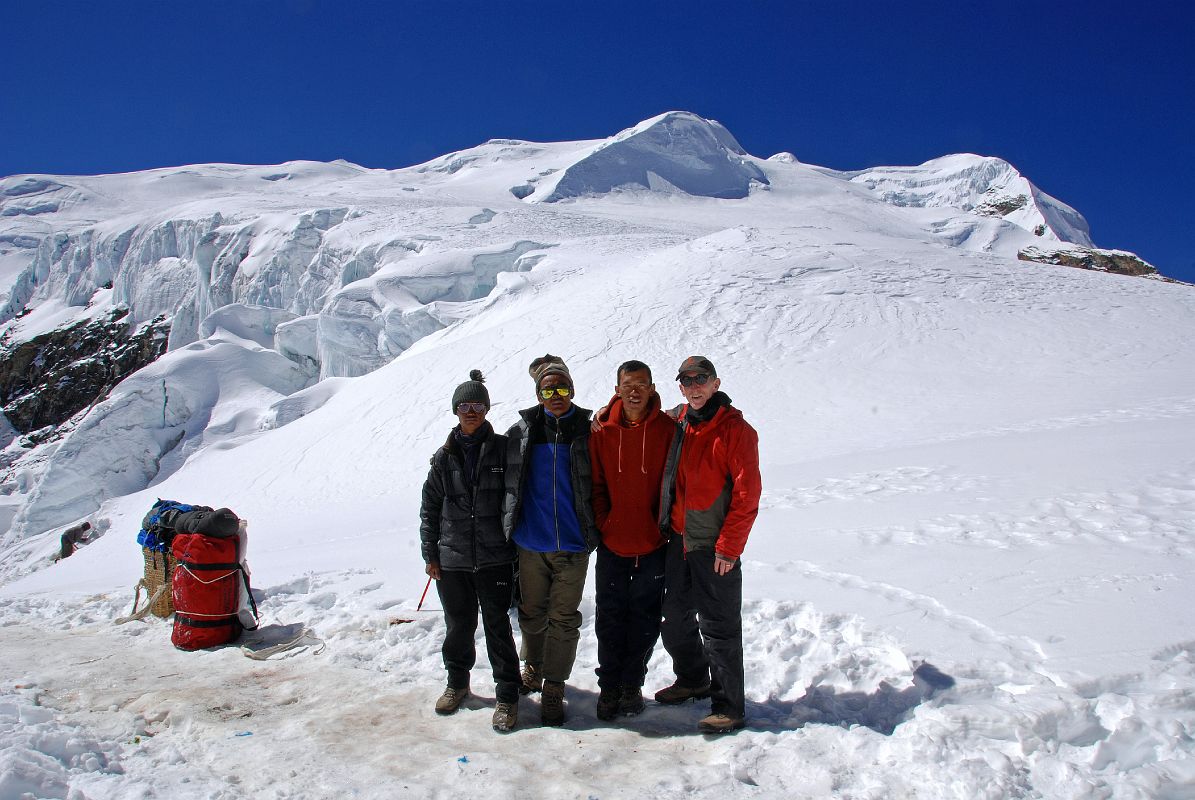 12 08 Pemba Rinjii, Palde, Pasang, Jerome Ryan At Mera High Camp With Mera Peak Central And North Summits